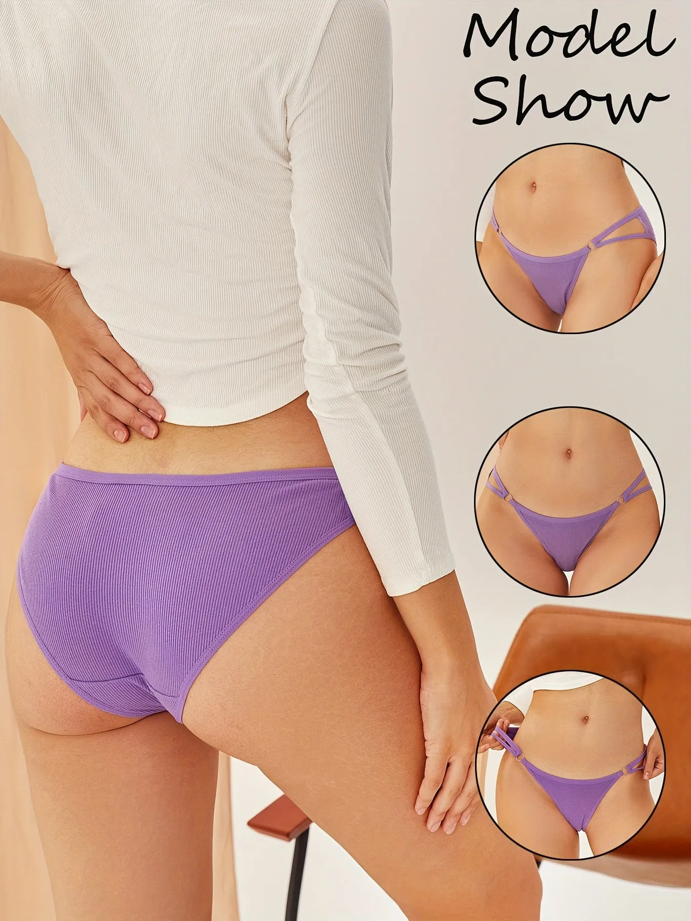 10pcs Solid Ring Linked Ribbed Women's Panties - Comfy, Breathable & Stretchy Intimates