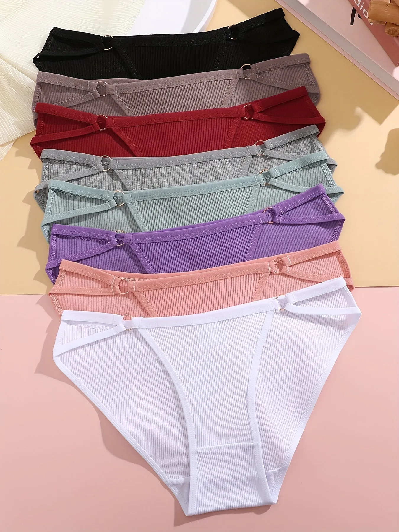 10pcs Solid Ring Linked Ribbed Women's Panties - Comfy, Breathable & Stretchy Intimates
