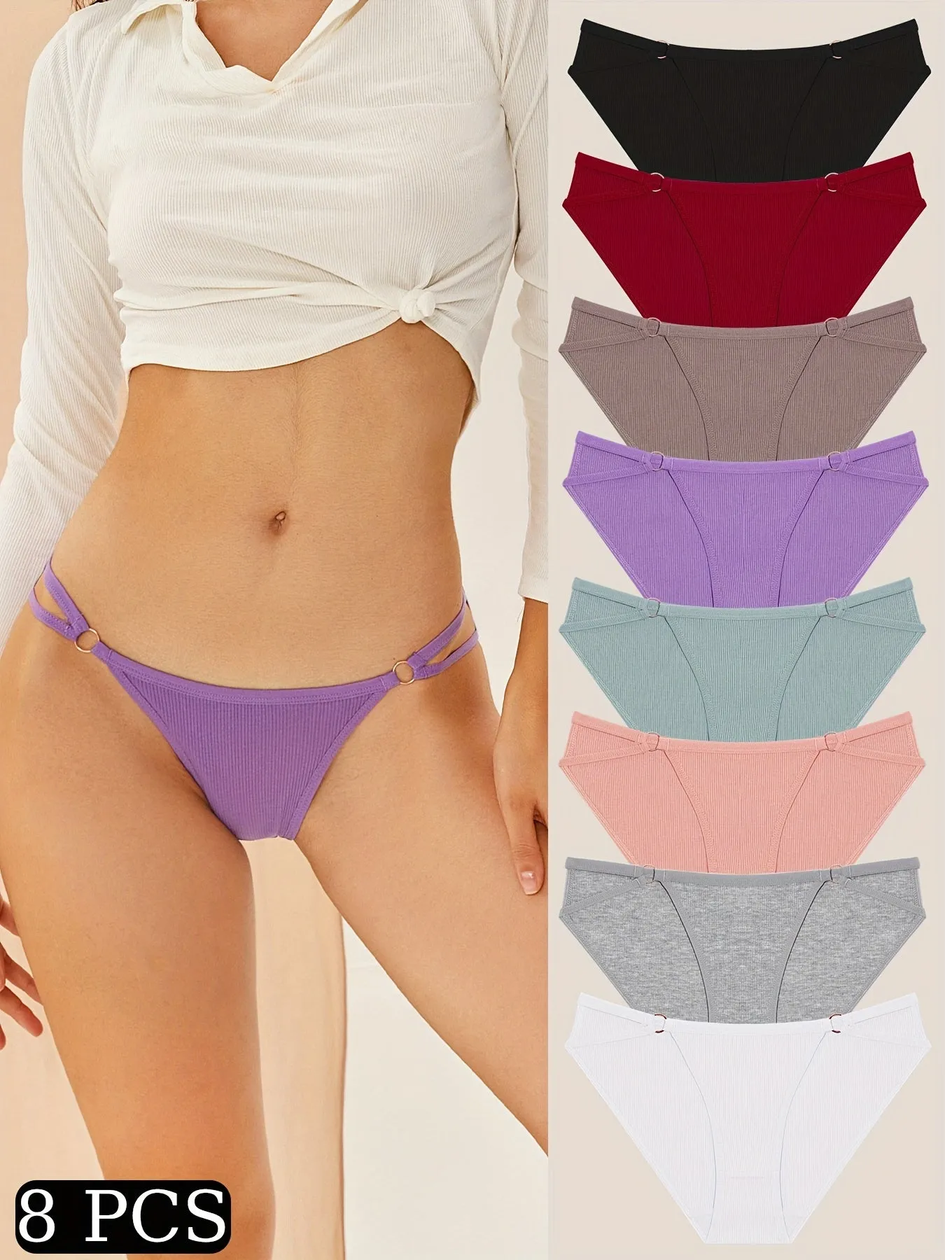 10pcs Solid Ring Linked Ribbed Women's Panties - Comfy, Breathable & Stretchy Intimates