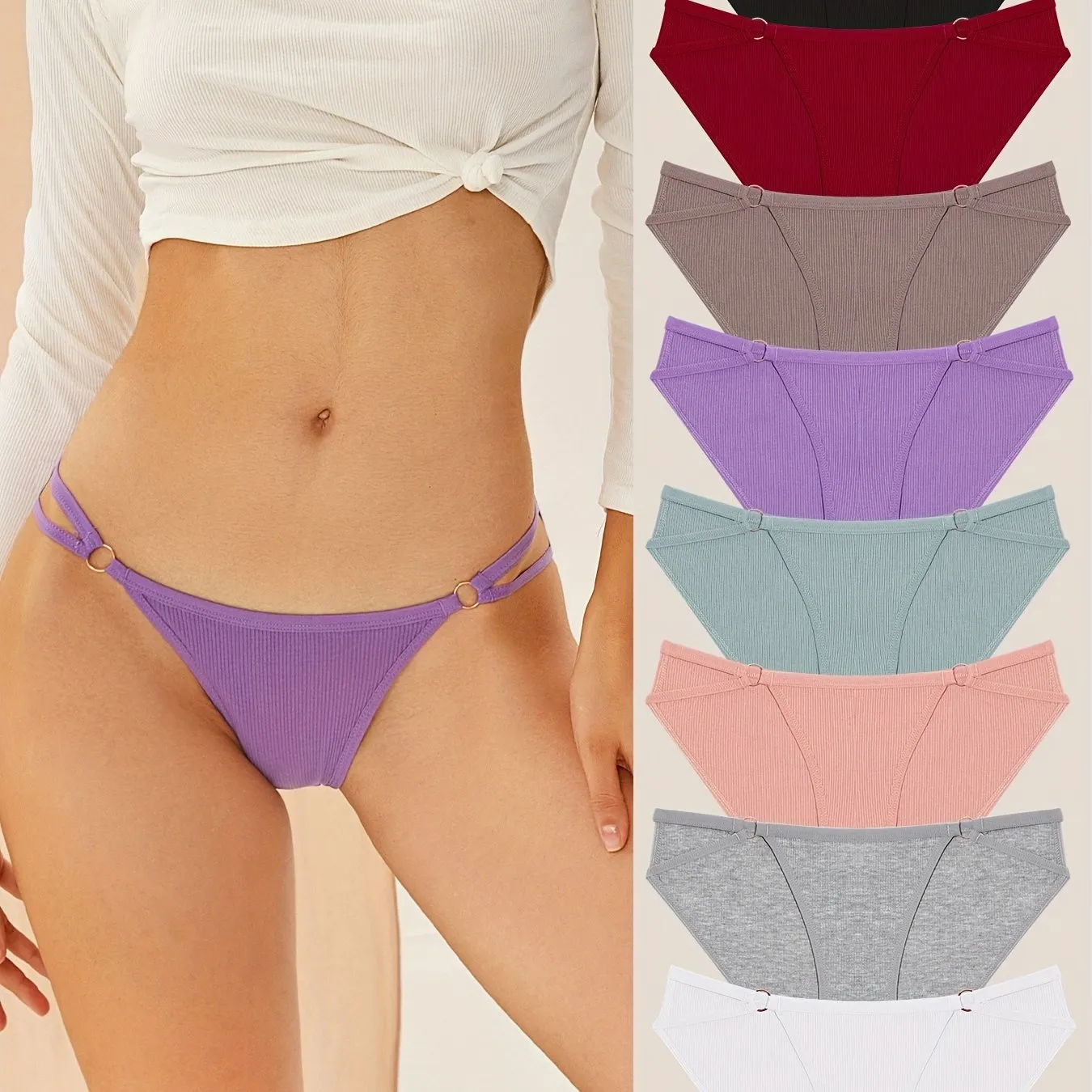 10pcs Solid Ring Linked Ribbed Women's Panties - Comfy, Breathable & Stretchy Intimates
