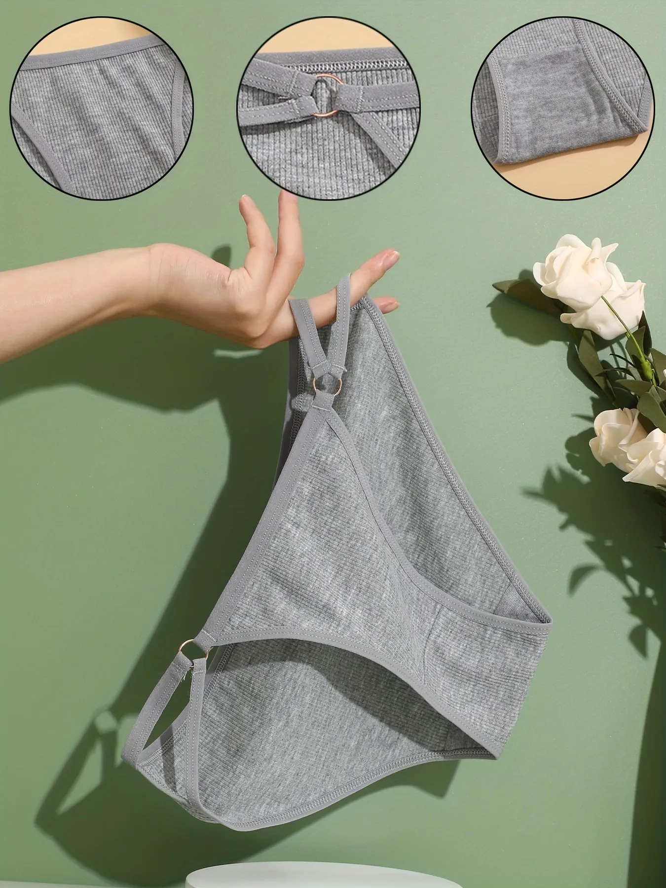 10pcs Solid Ring Linked Ribbed Women's Panties - Comfy, Breathable & Stretchy Intimates