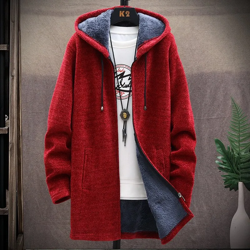 2023 Men Casual Sweaters Jacket Slim Long Thick Warm Hooded Sweater Coat