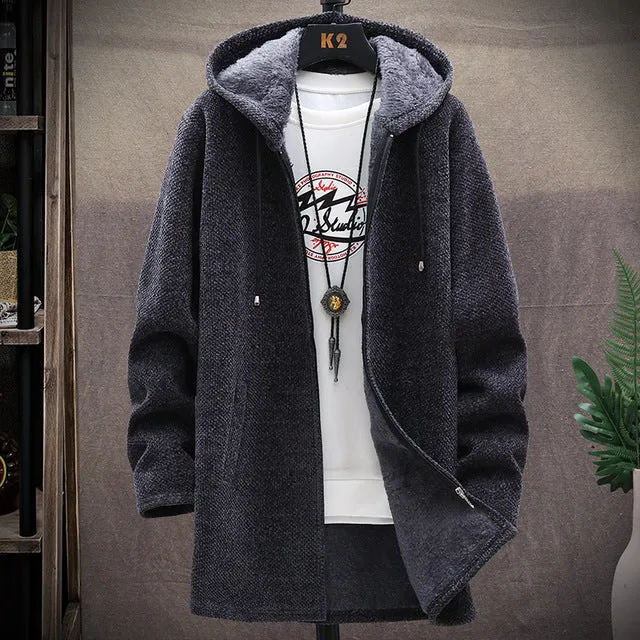 2023 Men Casual Sweaters Jacket Slim Long Thick Warm Hooded Sweater Coat
