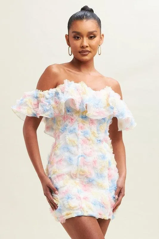 3D TIE DYE FLORAL RUFFLE OFF S DRESS