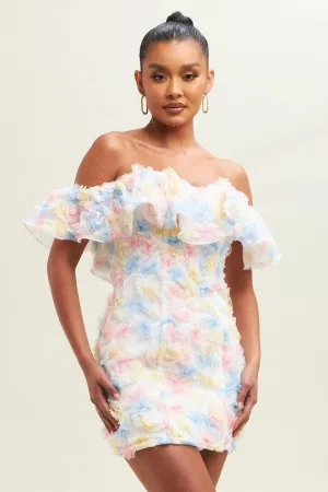3D TIE DYE FLORAL RUFFLE OFF S DRESS