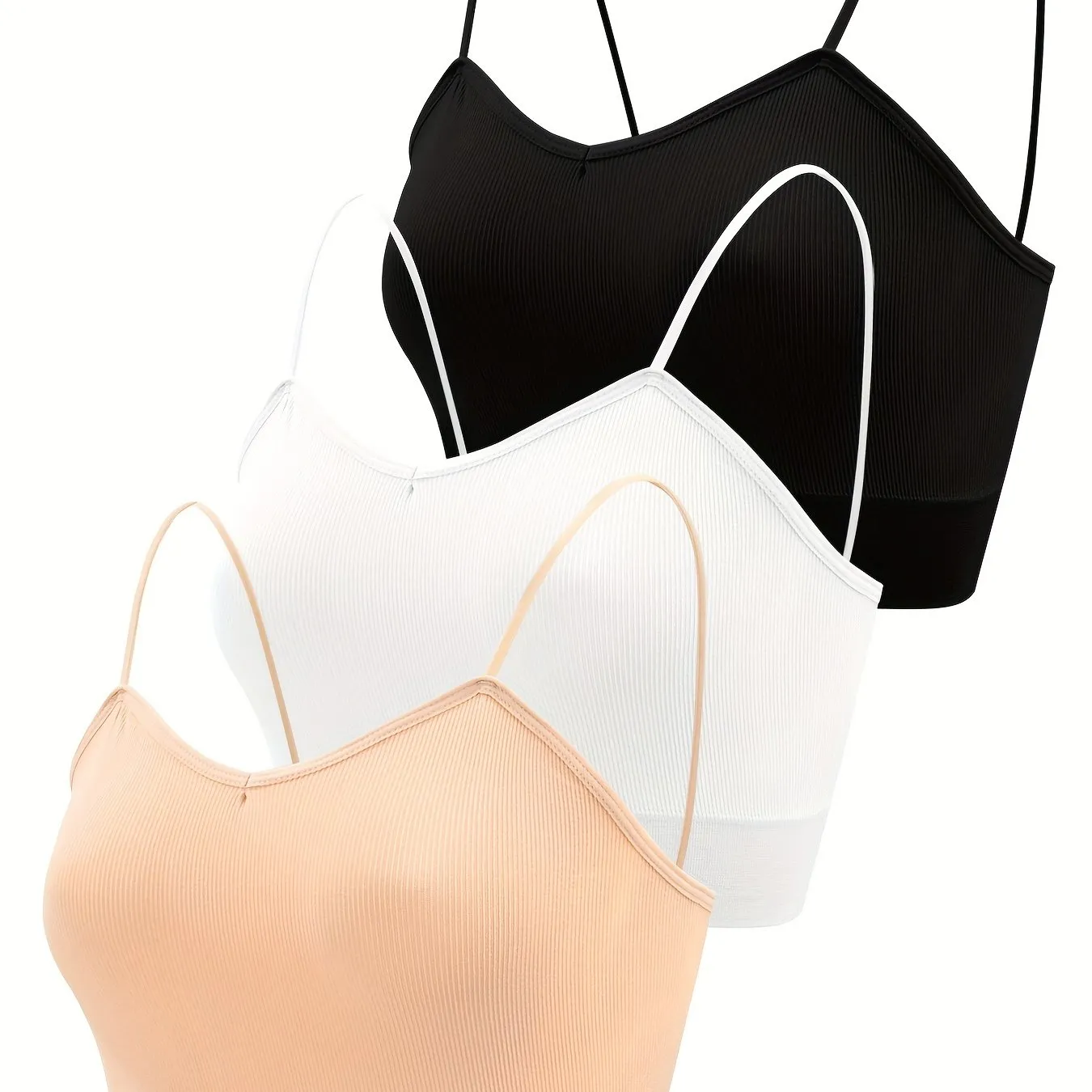 3pcs Simple Solid Cami Tops, V Neck Backless Crop Top, Women's Lingerie & Underwear