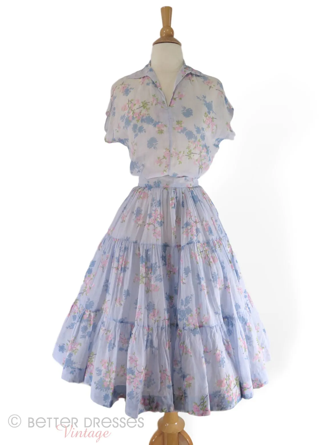 40s/50s Patio Dress in Light Blue Floral Cotton