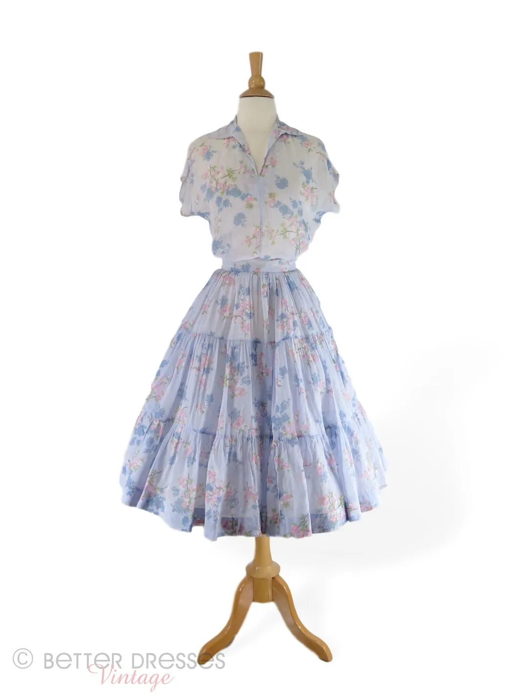 40s/50s Patio Dress in Light Blue Floral Cotton