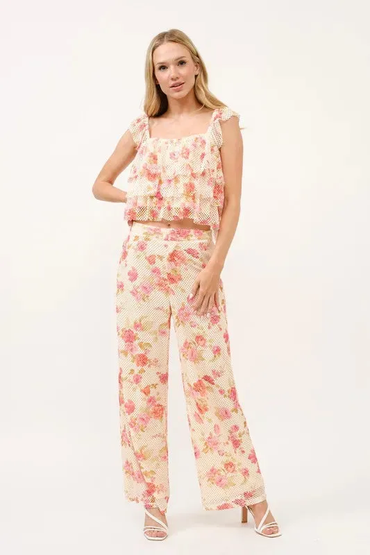 And The Why Tiered Ruffled Floral Fishnet Top