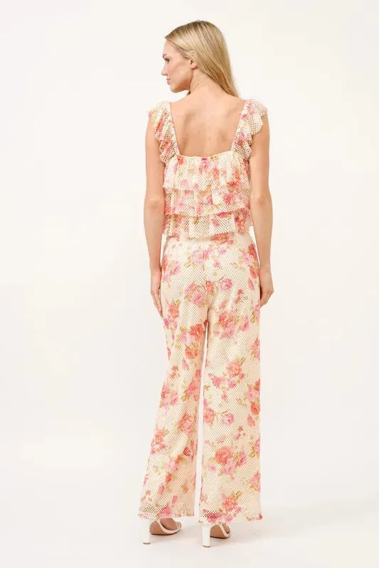 And The Why Tiered Ruffled Floral Fishnet Top