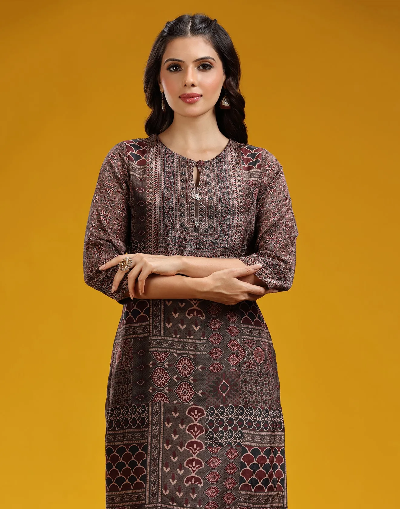 Antique Brown Ethnic Block Print Straight Cut Kurta Set