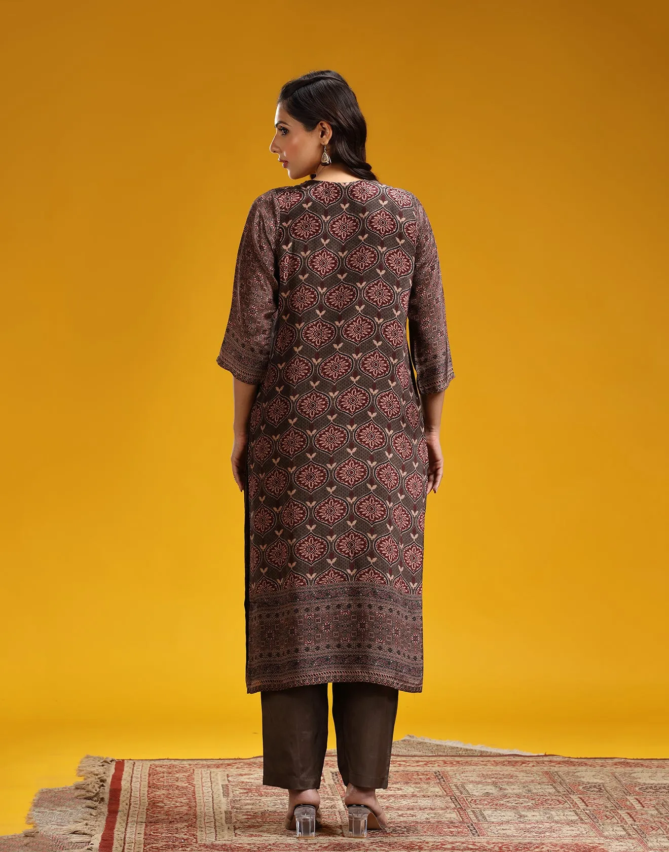 Antique Brown Ethnic Block Print Straight Cut Kurta Set