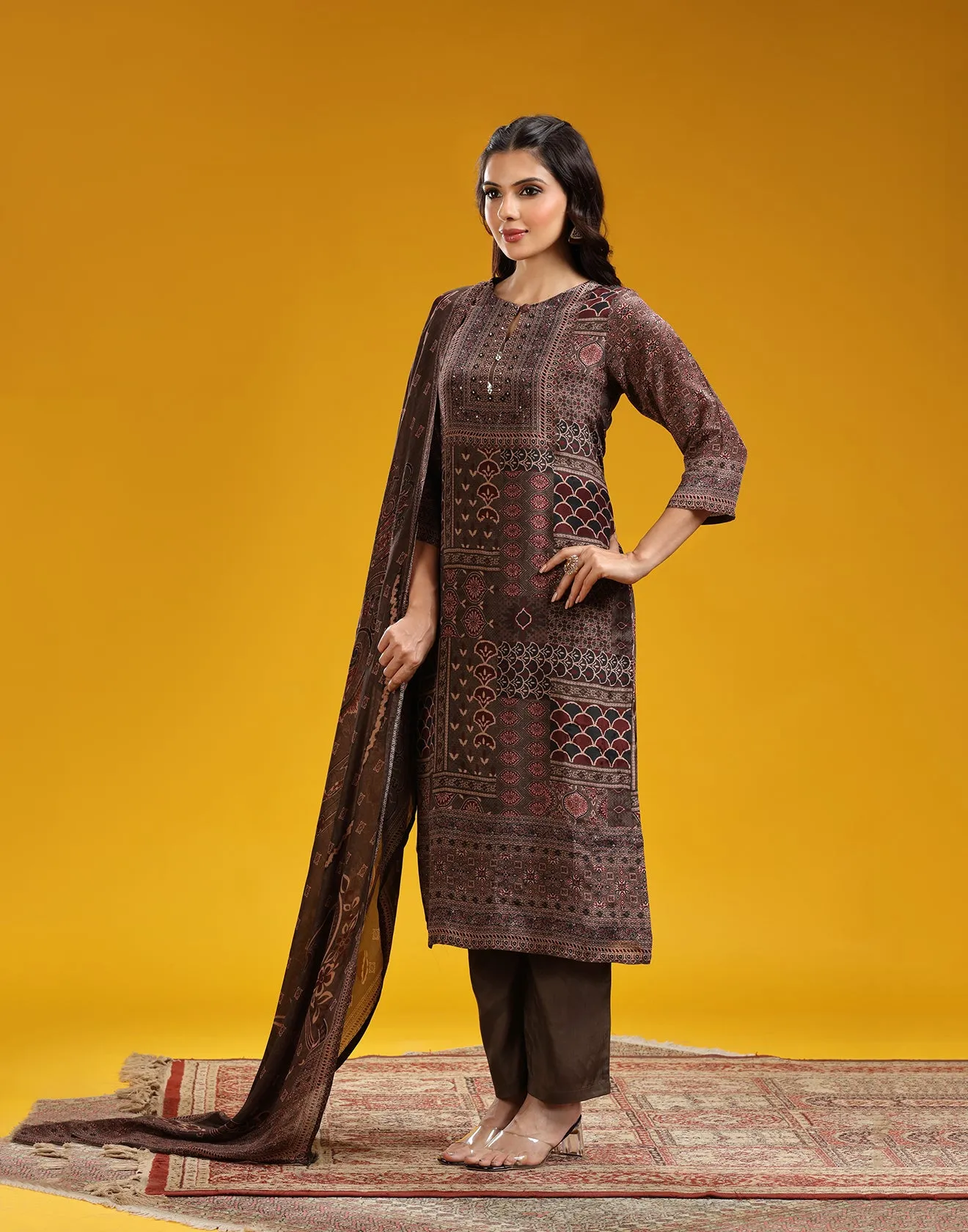Antique Brown Ethnic Block Print Straight Cut Kurta Set
