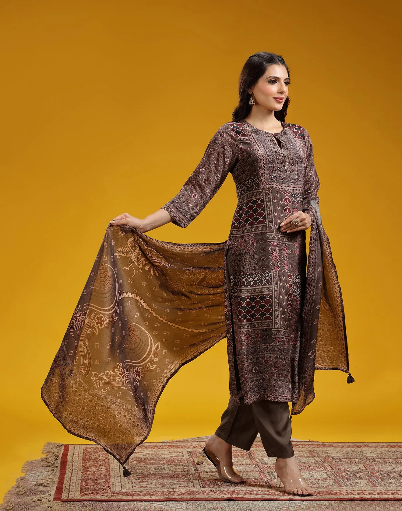 Antique Brown Ethnic Block Print Straight Cut Kurta Set