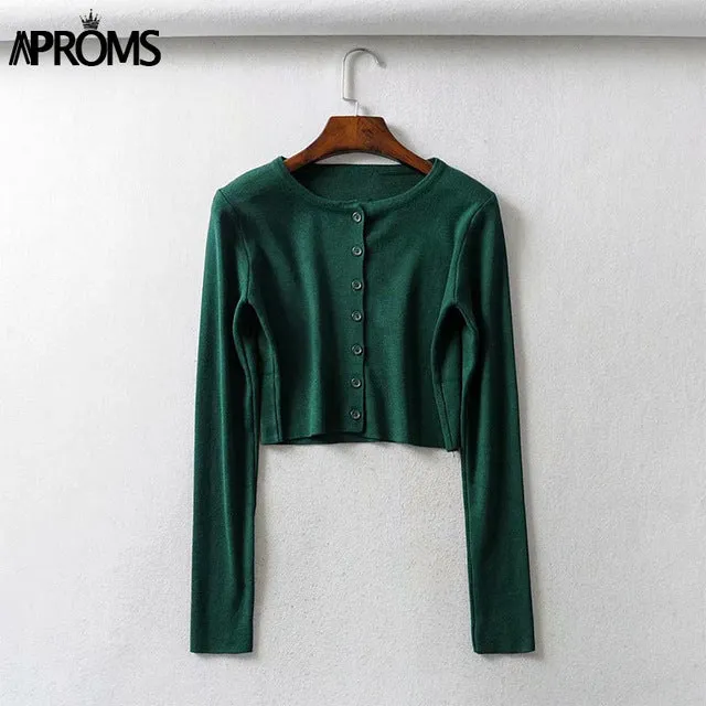 Aproms Candy Color Ribbed Knitted Cardigan Women Autumn Winter Long Sleeve Basic Cropped Sweaters Female Casual Short Jumper Top