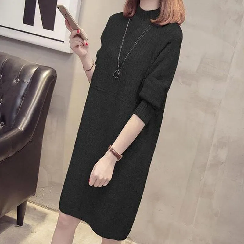 Autumn and Winter Half Turtleneck Sweater Mid-length Loose Solid Color Bottoming Shirt Fashion Casual Sweater Skirt