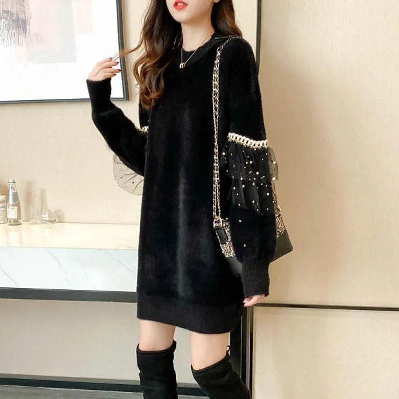 Autumn and Winter Long Loose Sweater Skirt Mohair Lace Stitching Dress Fashion Casual Women Bottoming Dress
