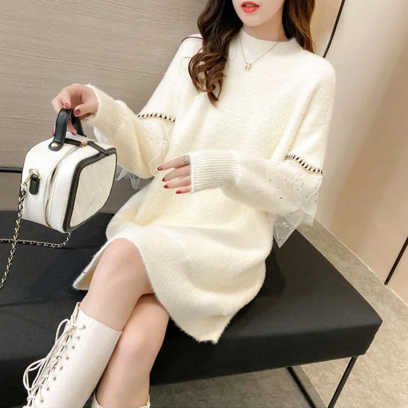 Autumn and Winter Long Loose Sweater Skirt Mohair Lace Stitching Dress Fashion Casual Women Bottoming Dress