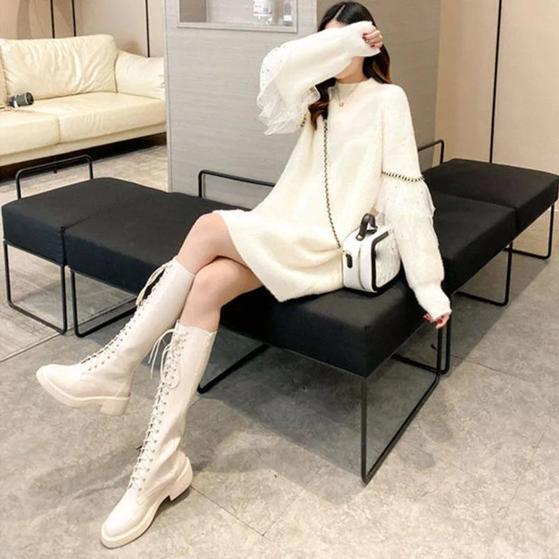 Autumn and Winter Long Loose Sweater Skirt Mohair Lace Stitching Dress Fashion Casual Women Bottoming Dress