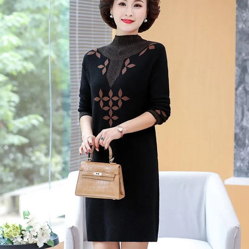 Autumn and Winter Mid-length Plus Size Dress Casual Knitted Simple Bottoming Skirt Elegant Jacquard Middle-aged Women Sweater Dress