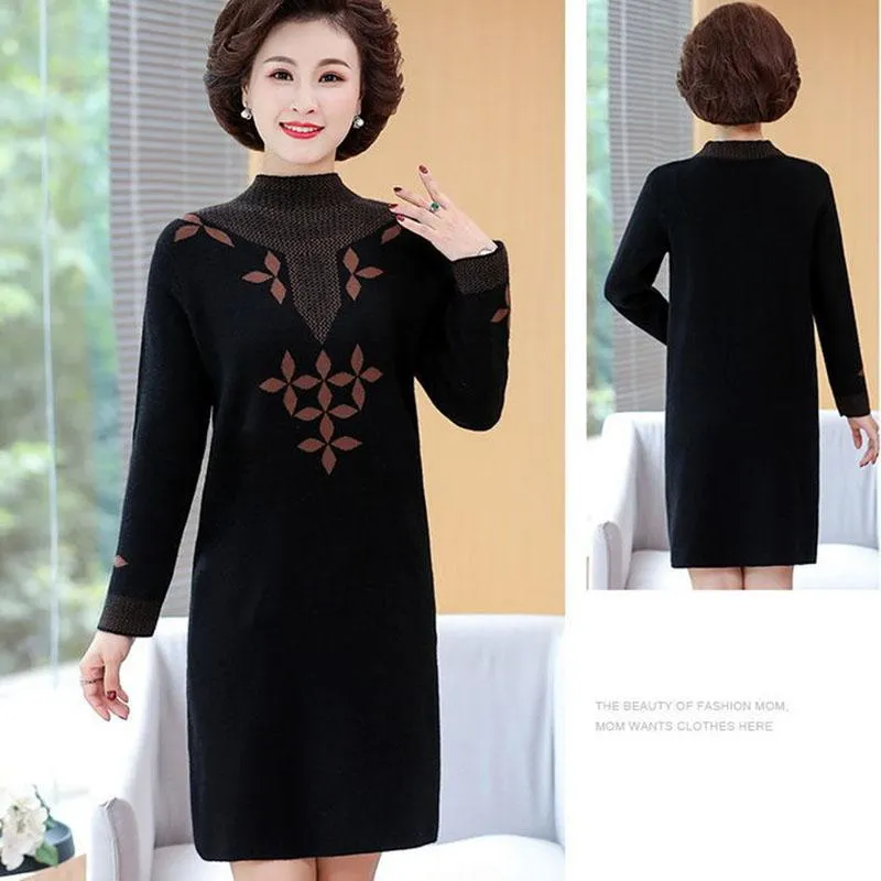 Autumn and Winter Mid-length Plus Size Dress Casual Knitted Simple Bottoming Skirt Elegant Jacquard Middle-aged Women Sweater Dress