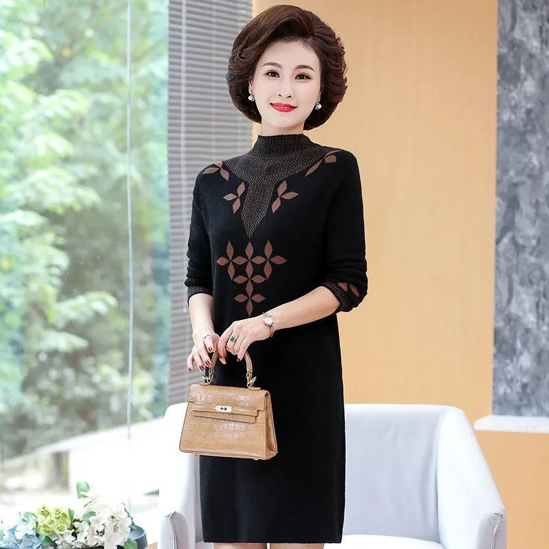 Autumn and Winter Mid-length Plus Size Dress Casual Knitted Simple Bottoming Skirt Elegant Jacquard Middle-aged Women Sweater Dress