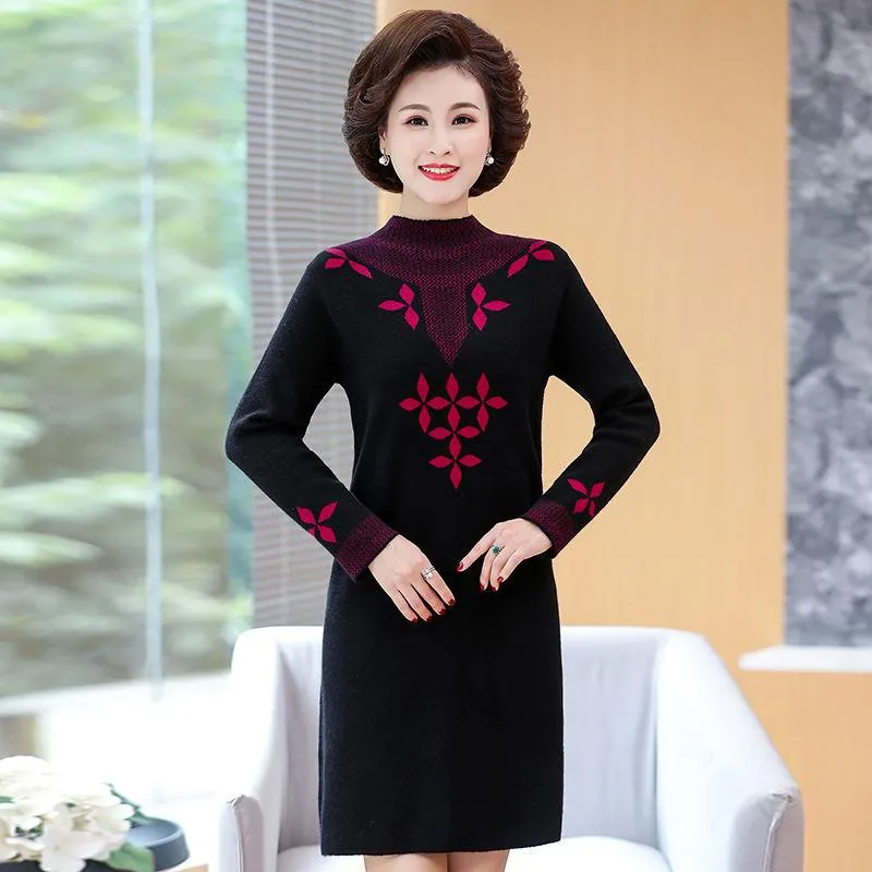 Autumn and Winter Mid-length Plus Size Dress Casual Knitted Simple Bottoming Skirt Elegant Jacquard Middle-aged Women Sweater Dress