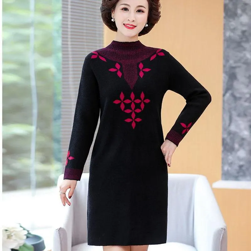Autumn and Winter Mid-length Plus Size Dress Casual Knitted Simple Bottoming Skirt Elegant Jacquard Middle-aged Women Sweater Dress