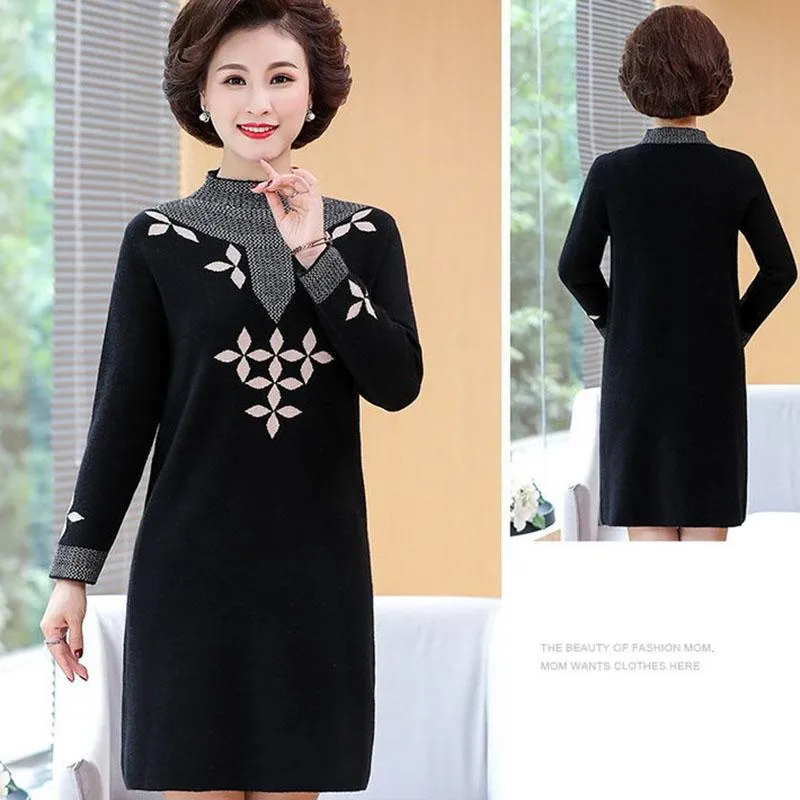 Autumn and Winter Mid-length Plus Size Dress Casual Knitted Simple Bottoming Skirt Elegant Jacquard Middle-aged Women Sweater Dress