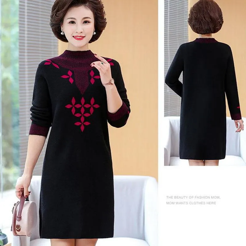 Autumn and Winter Mid-length Plus Size Dress Casual Knitted Simple Bottoming Skirt Elegant Jacquard Middle-aged Women Sweater Dress