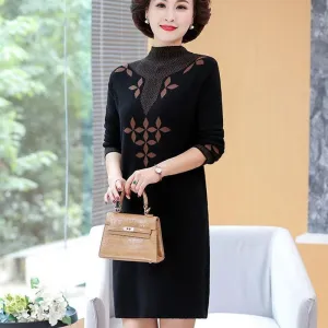 Autumn and Winter Mid-length Plus Size Dress Casual Knitted Simple Bottoming Skirt Elegant Jacquard Middle-aged Women Sweater Dress
