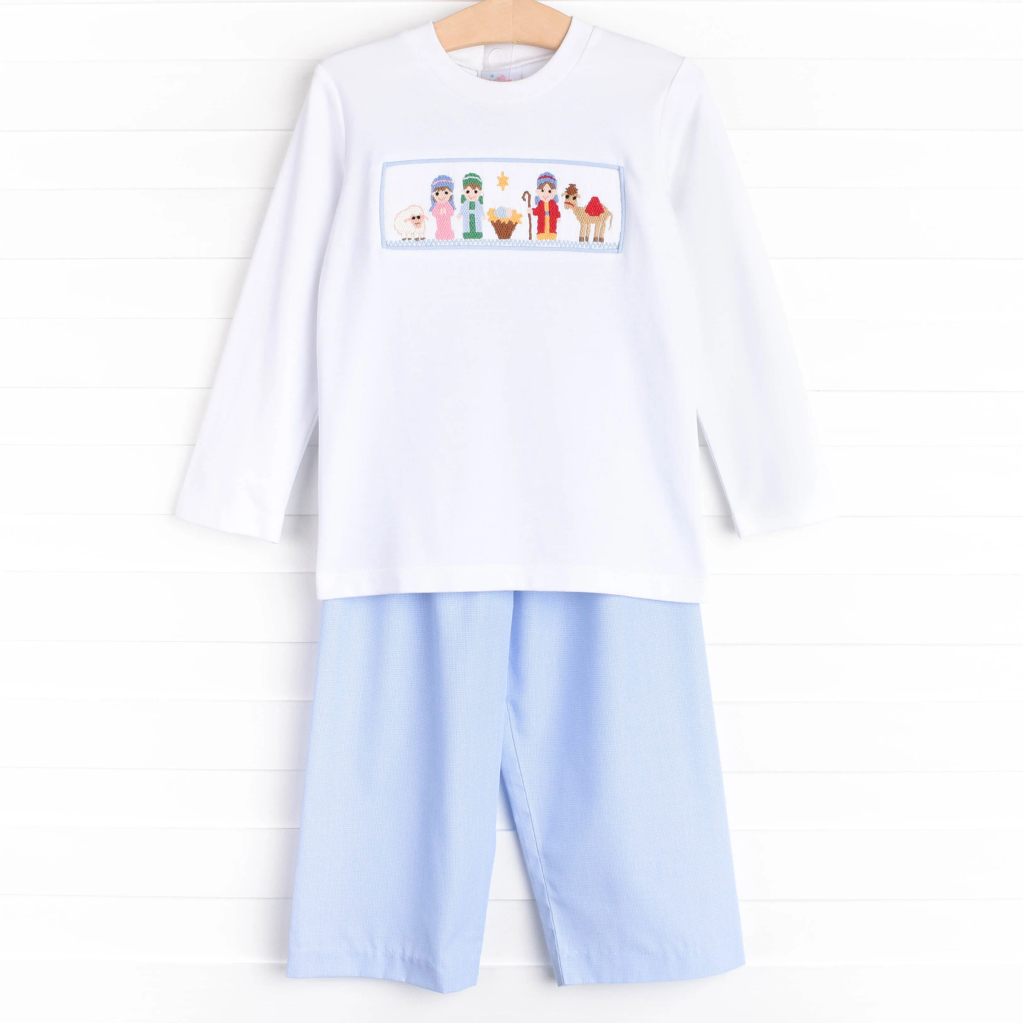 Away in a Manger Smocked Pant Set, Blue