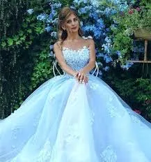 Baby Blue Illusion Neck Long Cheap Tulle Prom Dresses With Applique, QB0668