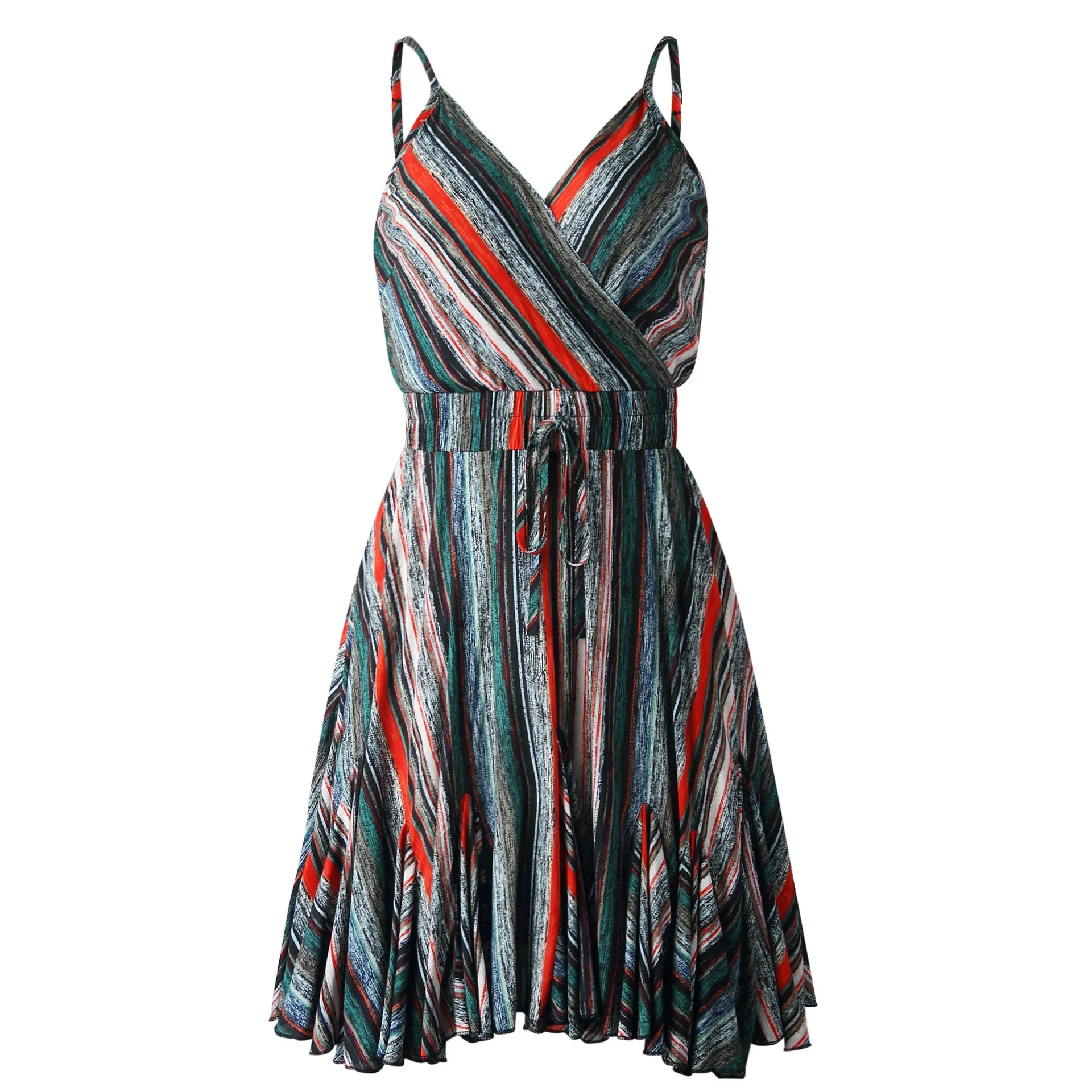Backless V-neck Halter Mini Dress Colorful Stripe Casual Dress