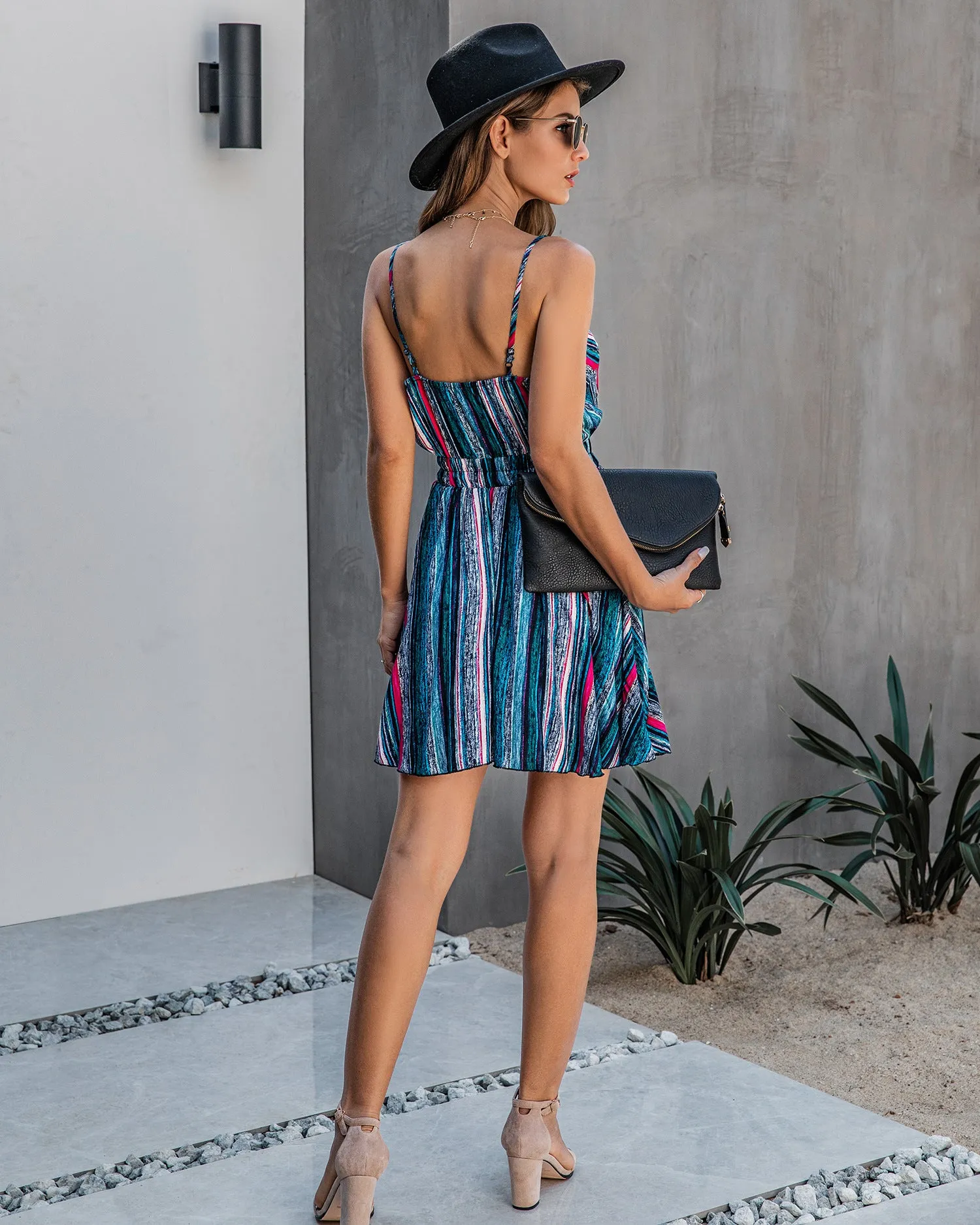 Backless V-neck Halter Mini Dress Colorful Stripe Casual Dress