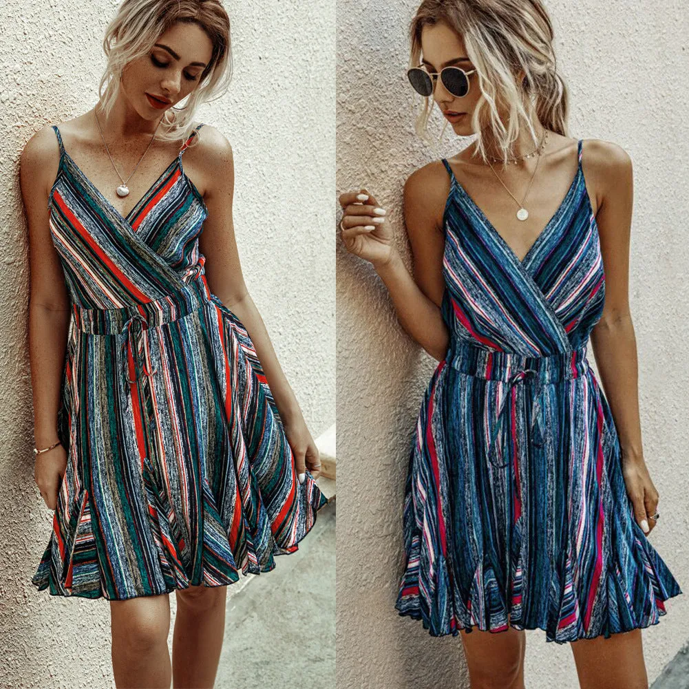 Backless V-neck Halter Mini Dress Colorful Stripe Casual Dress