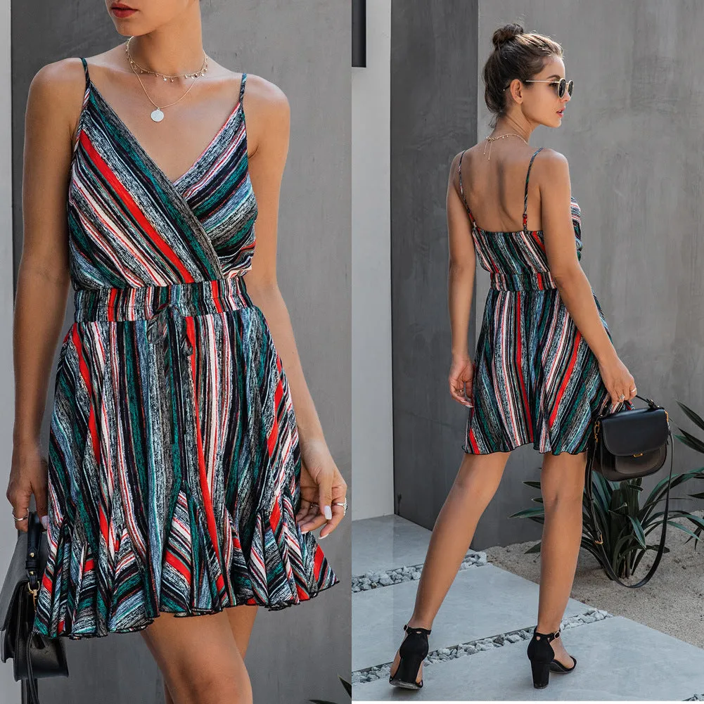 Backless V-neck Halter Mini Dress Colorful Stripe Casual Dress