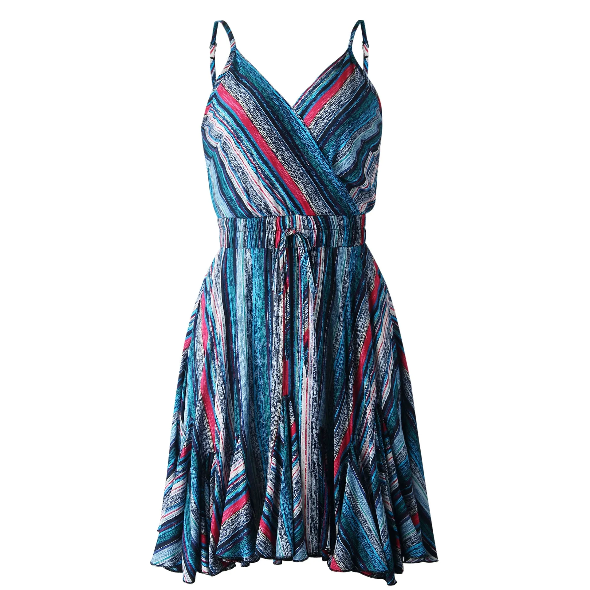 Backless V-neck Halter Mini Dress Colorful Stripe Casual Dress