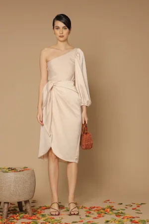 BAJA Asymmetric Puff Sleeve Silk Midi Dress with Wrap Tulip Skirt (Light Nude Silk)