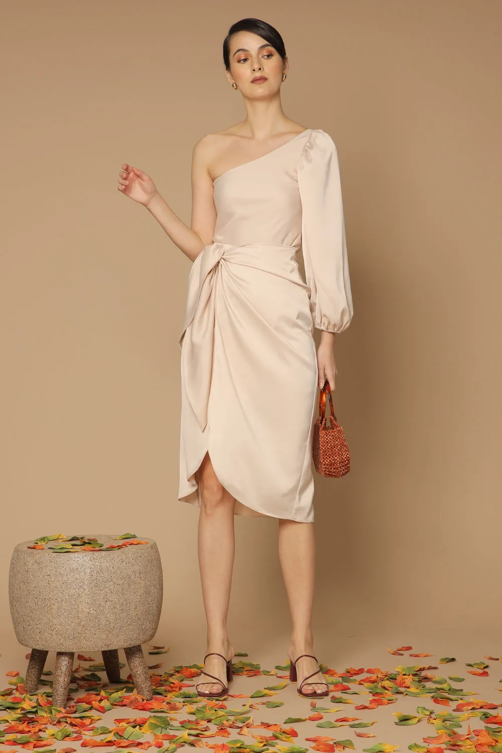 BAJA Asymmetric Puff Sleeve Silk Midi Dress with Wrap Tulip Skirt (Light Nude Silk)