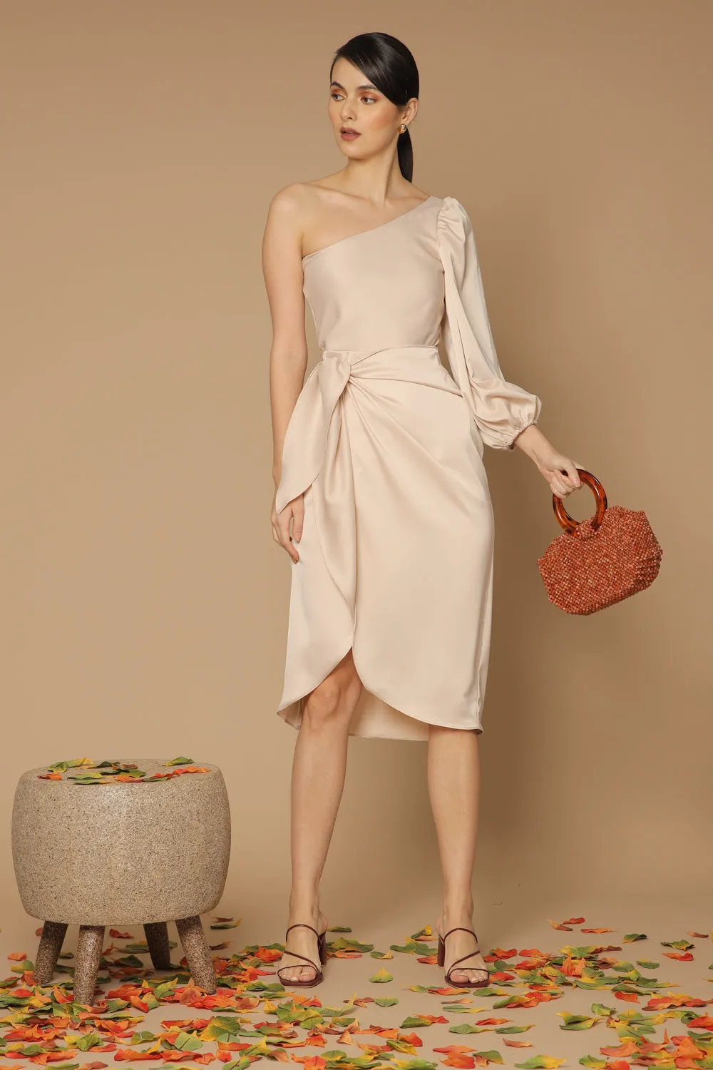 BAJA Asymmetric Puff Sleeve Silk Midi Dress with Wrap Tulip Skirt (Light Nude Silk)