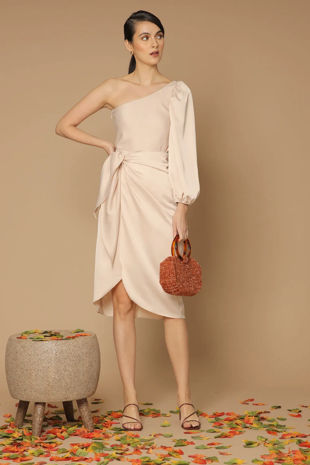 BAJA Asymmetric Puff Sleeve Silk Midi Dress with Wrap Tulip Skirt (Light Nude Silk)