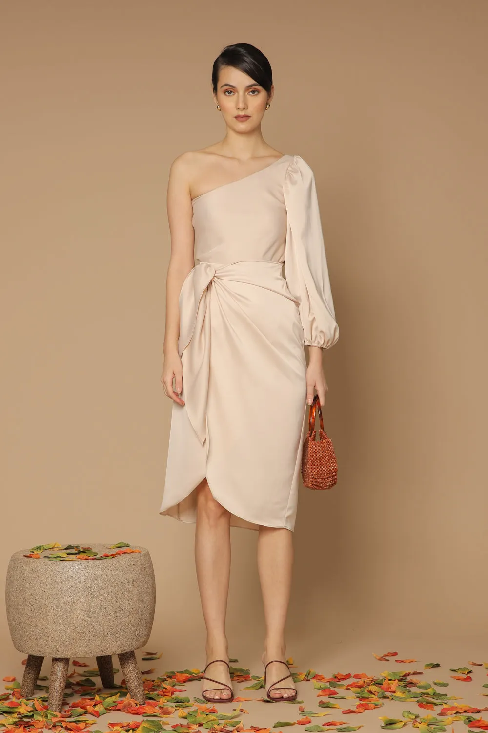 BAJA Asymmetric Puff Sleeve Silk Midi Dress with Wrap Tulip Skirt (Light Nude Silk)