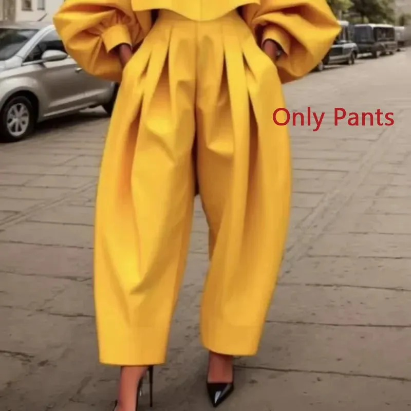 Beauty blue Elegant Women's Coat Pant Yellow Blazer New