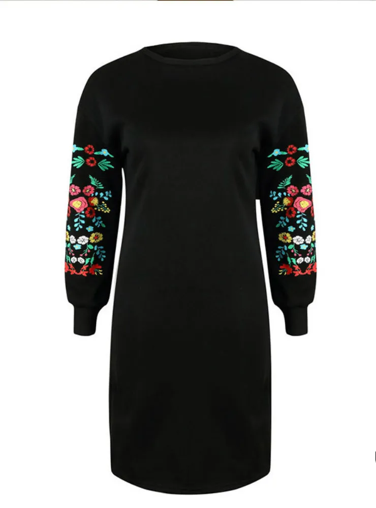 BerryBetty - Elegant Floral Print Long Sleeve O-Neck Loose Warm Dress