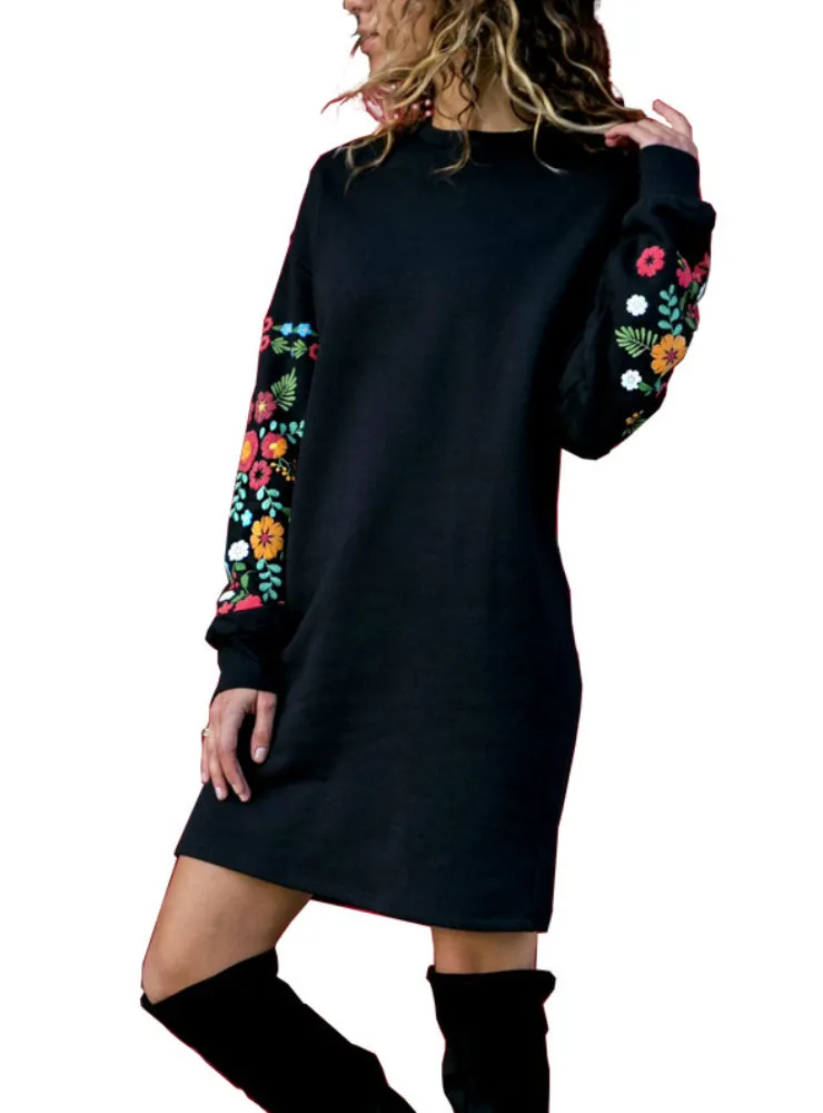 BerryBetty - Elegant Floral Print Long Sleeve O-Neck Loose Warm Dress