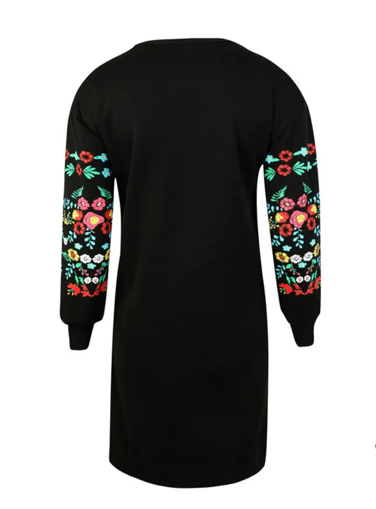 BerryBetty - Elegant Floral Print Long Sleeve O-Neck Loose Warm Dress