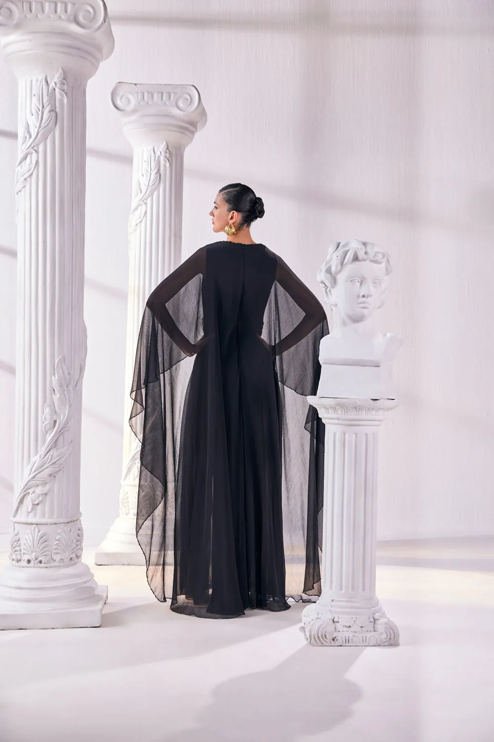 Black Chiffon Kaftan Dress Featuring An Emroidered Waistline.