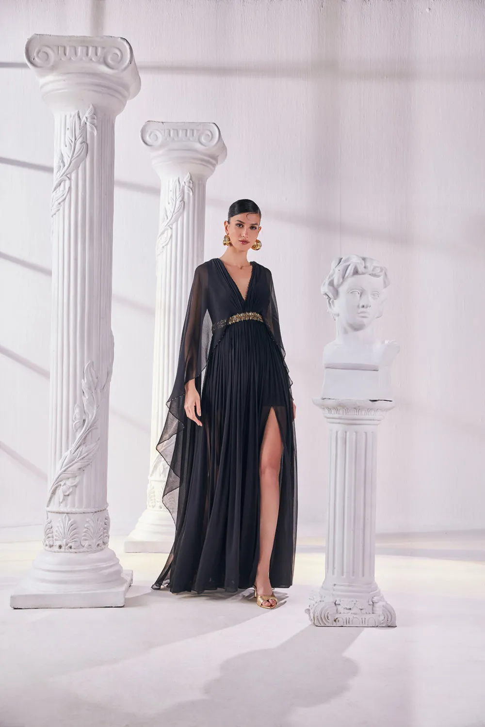 Black Chiffon Kaftan Dress Featuring An Emroidered Waistline.