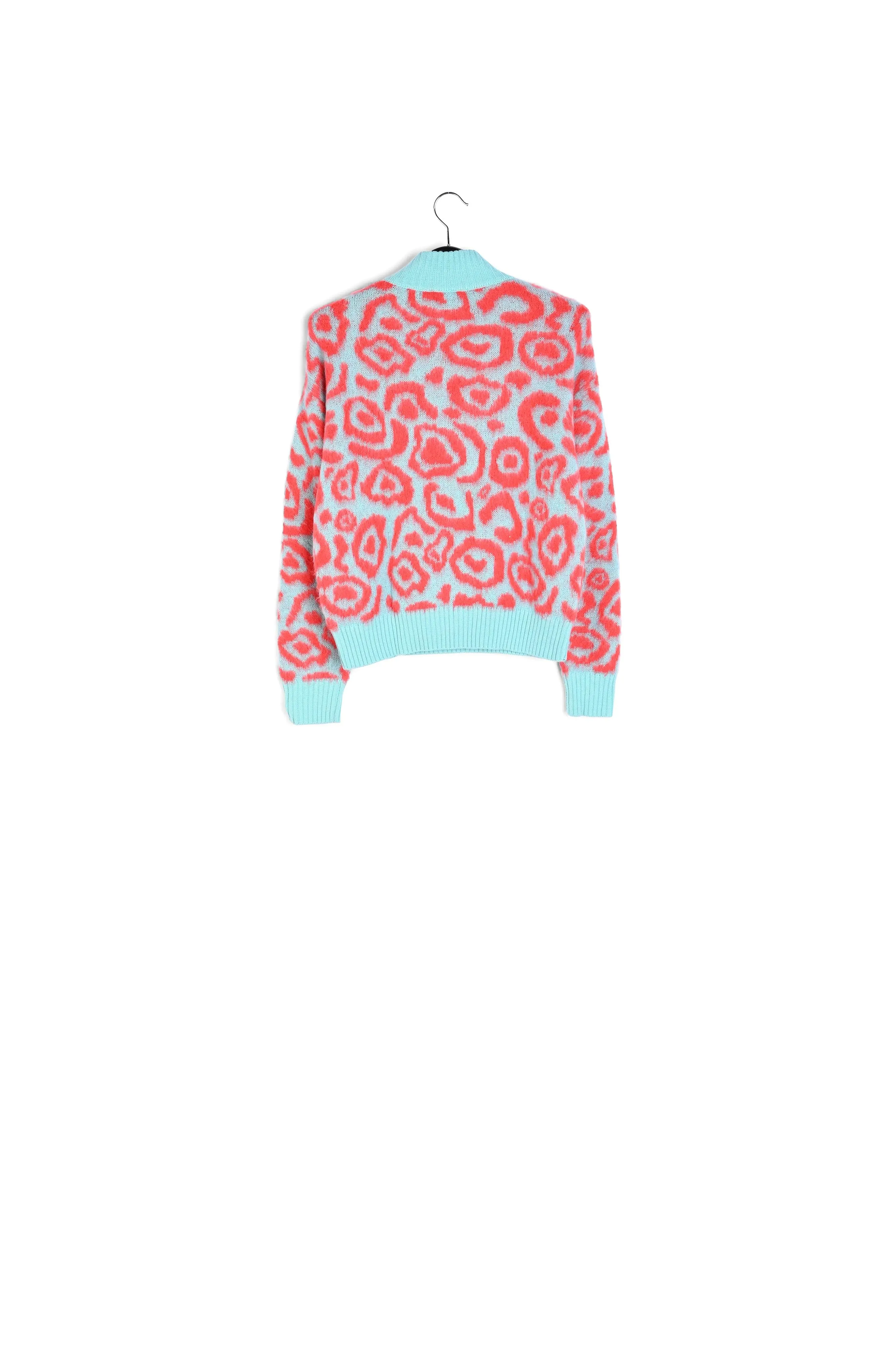 Blue and red leopard-print knit sweater